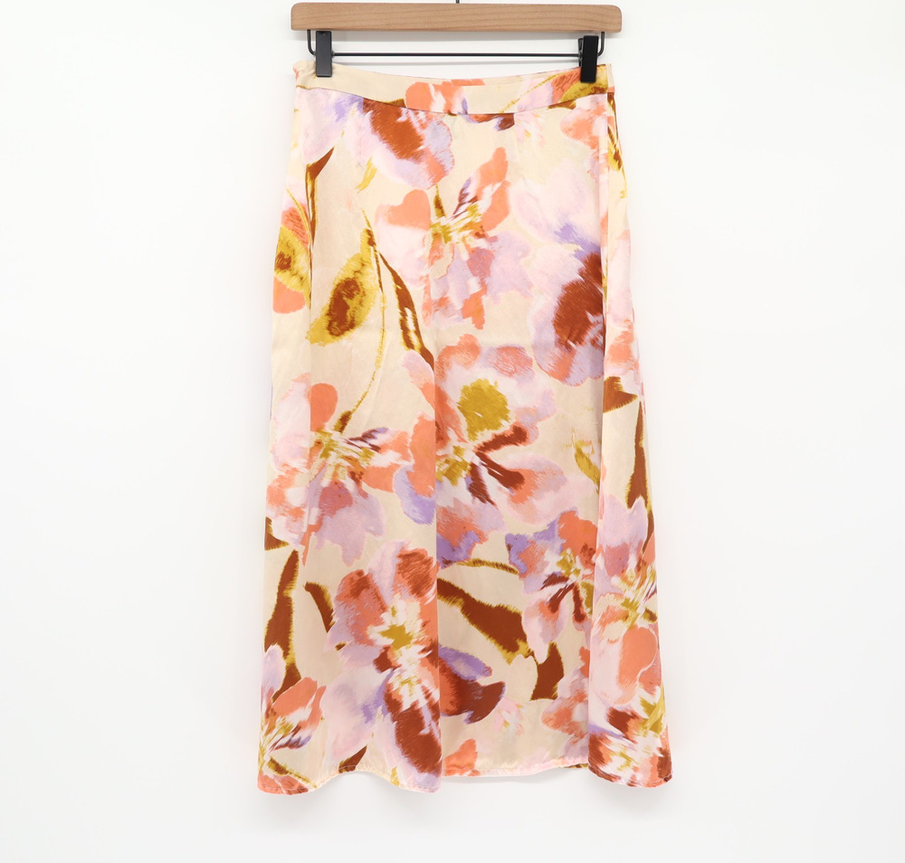 Joie Alberic Floral Satin A-Line Midi Skirt Silk Multi Color Sz 4 Autumn Preppy